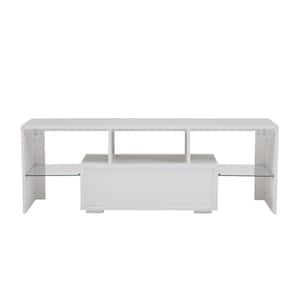 14 in. White Modern Wood TV Stand with LED Lights for Living Room or Bedroom, High Glossy Front TV Console
