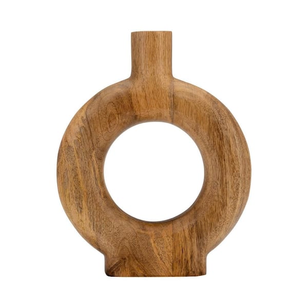 Brown 12 in. Wood Geometric Donut Shaped Decorative Vase