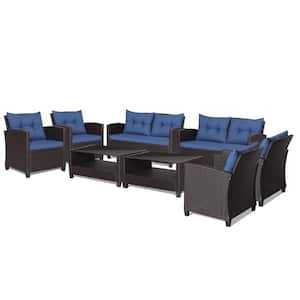 8-Piece Outdoor Conversation Set Patio PE Rattan Set with Glass Table and Sofa Cushions Navy