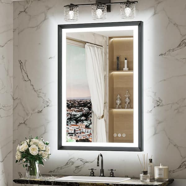 KeonJinn 24 in. W x 36 in. H Rectangular Framed LED Lighted Bathroom Vanity Mirror with Light in Black with Backlit and Anti-Fog
