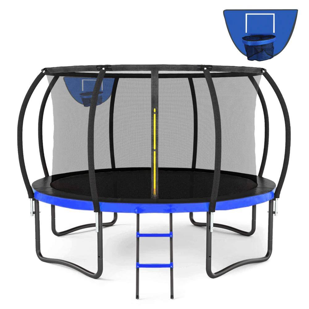 12 ft. Black and Blue Outdoor Big Trampoline with Backboard, Inner Safety Enclosure Net, Ladder PVC Spring Cover Padding