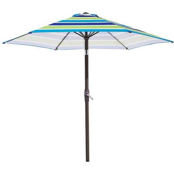 Unbranded 7.5 ft. Iron Market Patio Umbrella in Bold Blue-Green Stripe with Push Button Tilt