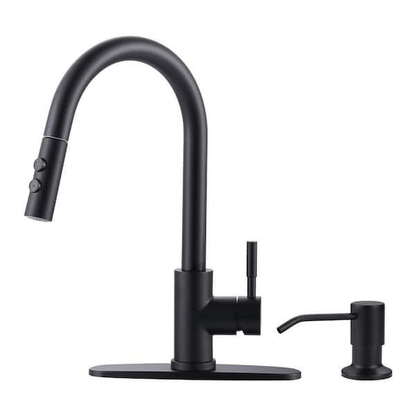 IVIGA 15.6 in. Single Handle Pull Down Sprayer Kitchen Faucet with 360° Swivel Spout, Soap Dispenser in Stainless Steel Black