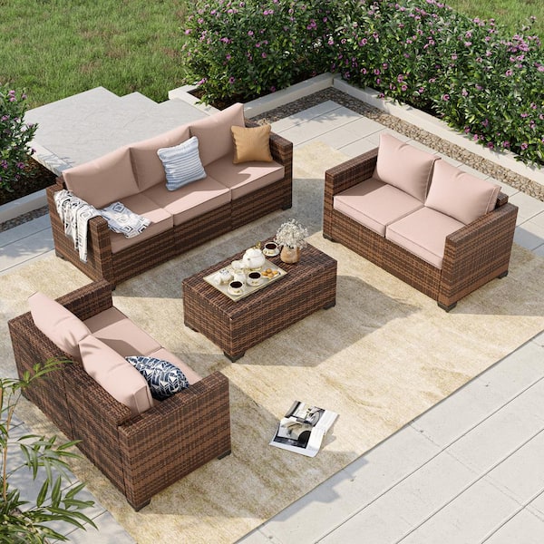 ELPOSUN 4-Piece 7 Seat Wicker Outdoor Patio Conversation Deep Seating Sofa Set with Beige Cushions, Loveseat, Storage Box