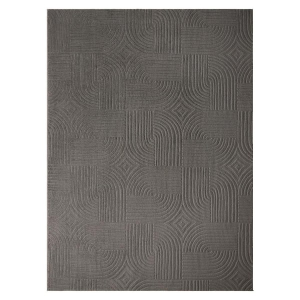 Stone Geo Curve Washable 6 ft. x 9 ft. Charcoal Grey Indoor AreaRug