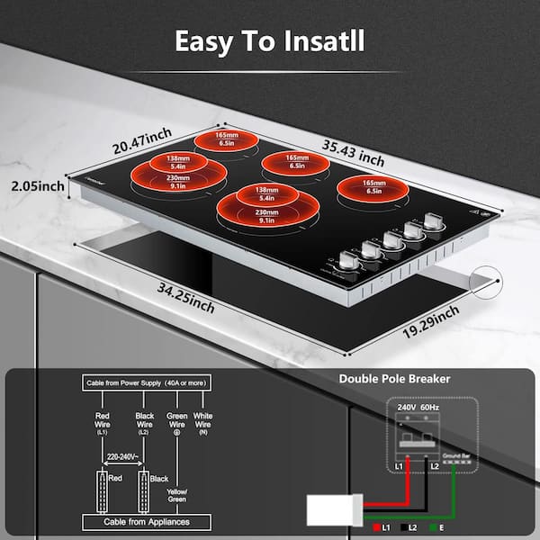 36 in. 5 Elements Ceramic Electric Cooktop in Black with Hot Surface Indicator (220V-240V/8900W)