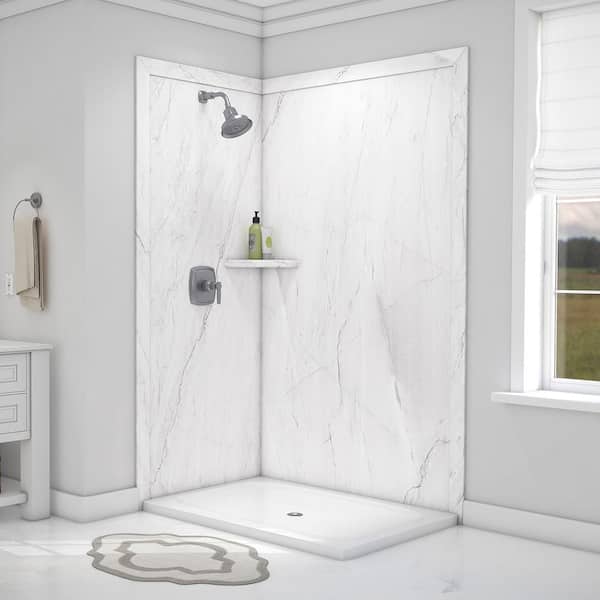 FlexStone Elegance 36 in. x 48 in. x 80 in. 7-Piece Easy up Adhesive Corner Shower Wall Surround in Oyster