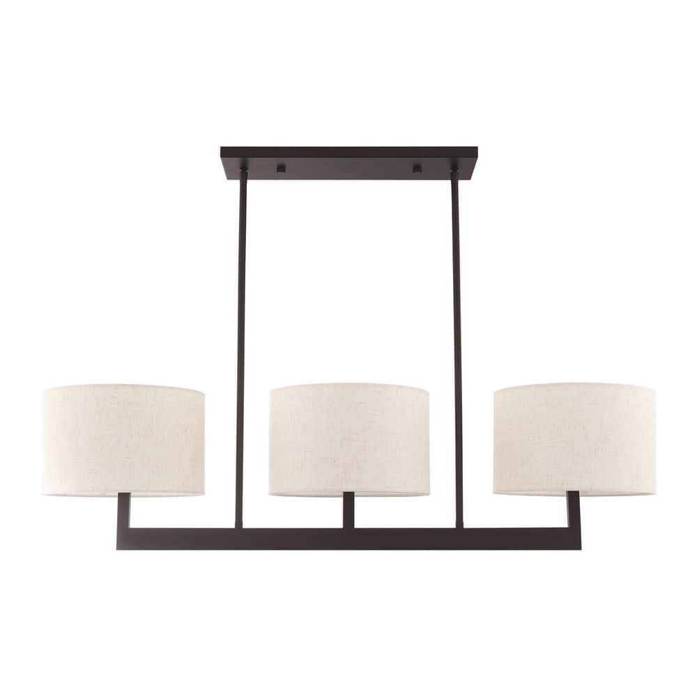 Contemporary Bronze 3-Light Chandelier with Oatmeal Fabric Shade