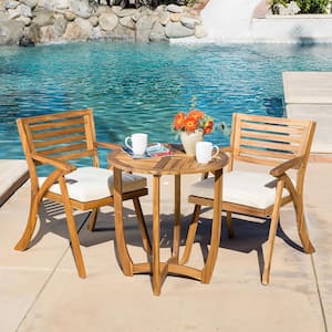 Coronado Teak Brown Finish 3-Piece Wood Round Outdoor Patio Bistro Set with Cream Cushions