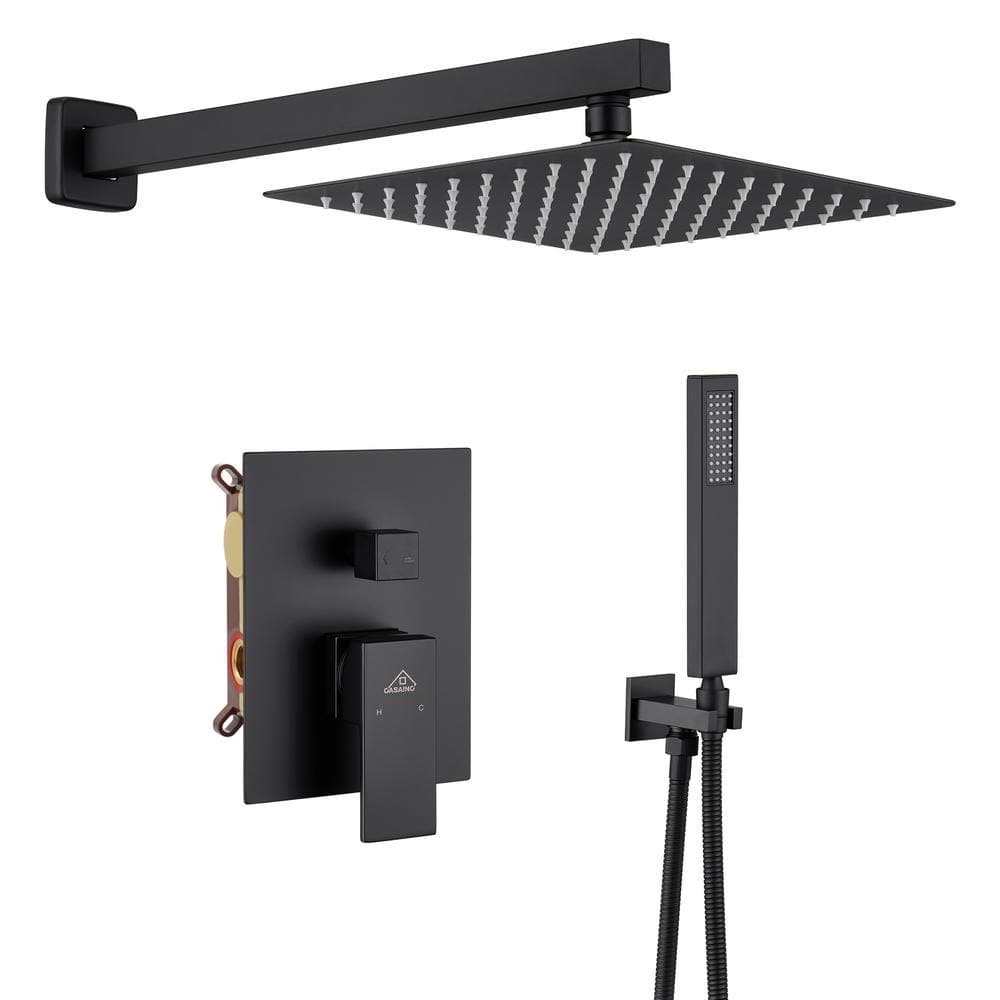 Mondawe 2-Spray 10 in. Wall Mount 1.8 GPM Rain. Fall Fixed Dual Shower Heads with Handheld Shower Head in Matte Black