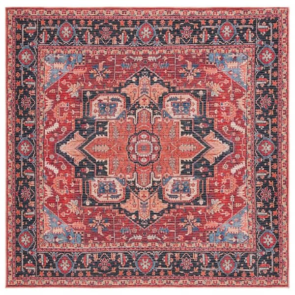 Serapi Red/Blue 7 ft. x 7 ft. Machine Washable Border Ornate Square Area Rug