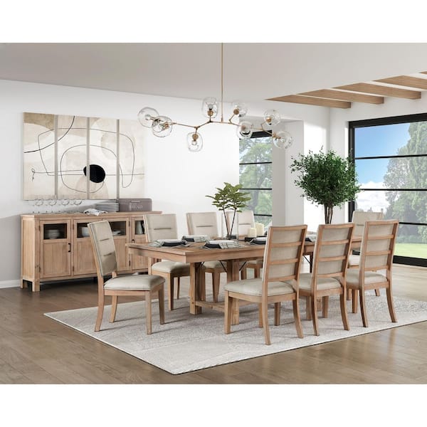 Dominica Rustic Brown Wood Rectangle 4 Legs Dining Table Seats 8 Light Oak Finish with Self-storing Leaf