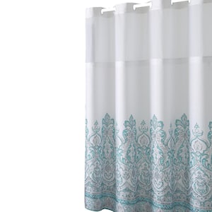 Damask Border 71 in. W x 74 in. L Polyester Shower Curtain in Teal