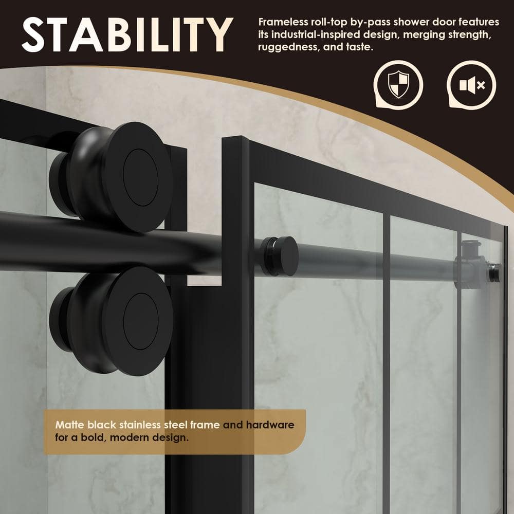 Esense 60" Matte Black Frameless Sliding Shower Door with Clear Glass