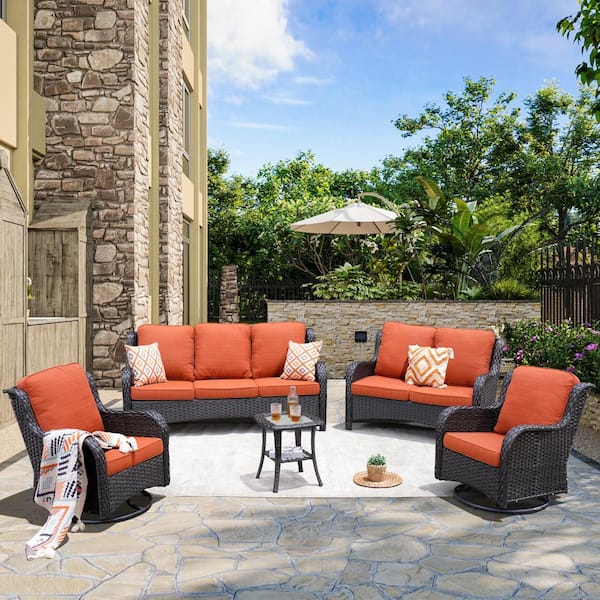XIZZI Monet Brown 5-Piece Wicker Patio Conversation Seating Sofa Set with Orange Red Cushions and Swivel Rocking Chairs