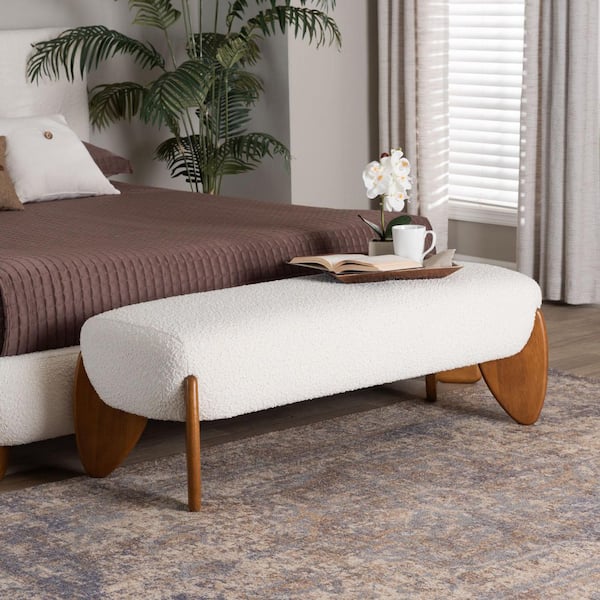 Vinicio Cream Boucle and Walnut Brown Wood Bench