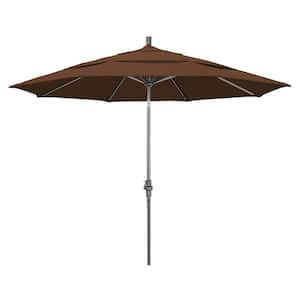 11 ft. Hammertone Grey Aluminum Market Patio Umbrella with Crank Lift in Teak Olefin