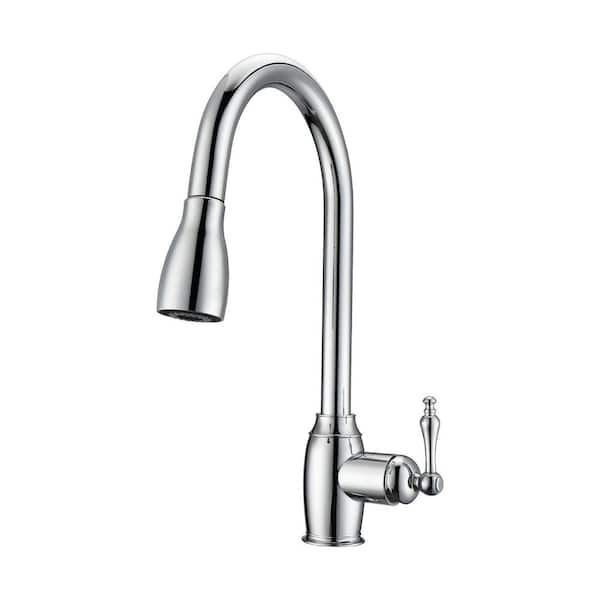 Barclay Products Bistro Single Handle Deck Mount Gooseneck Pull Down Spray Kitchen Faucet with Metal Lever Handle 1 in Polished Chrome