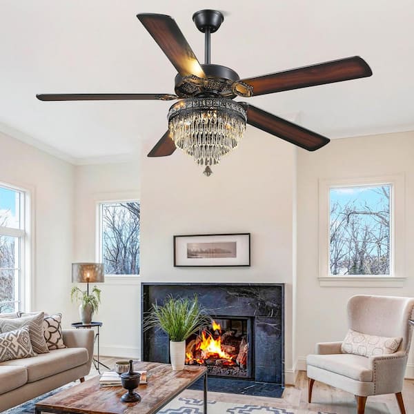 62 in. Indoor Crystal Chandelier Black Ceiling Fan Fandelier with Lights and Remote Control
