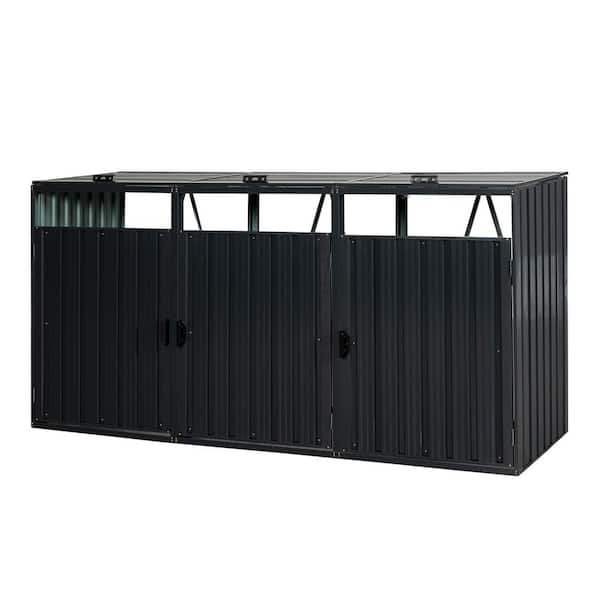 Tidoin 94.48 in. W x 31.49 in. D x 48.03 in. H Black Metal Trash Can Storage with 3-Door and Lockable Doorknob