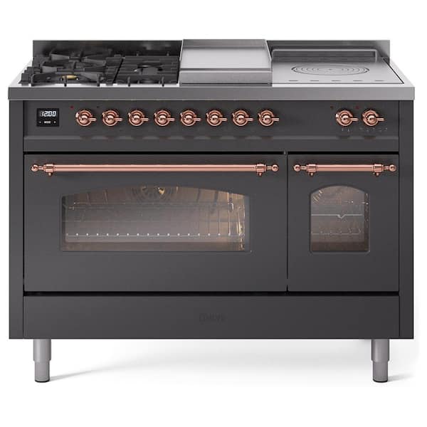 ILVE Nostalgie II 48 in. 5 Burner+Frenchtop+Griddle Liquid Propane Dual Fuel Range in Matte Graphite with Copper