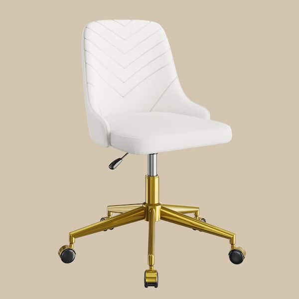 Height-Adjustable Velvet Office Chair with 360° Swivel, Gold Base, Rolling Desk Chair White for Living Room or Makeup