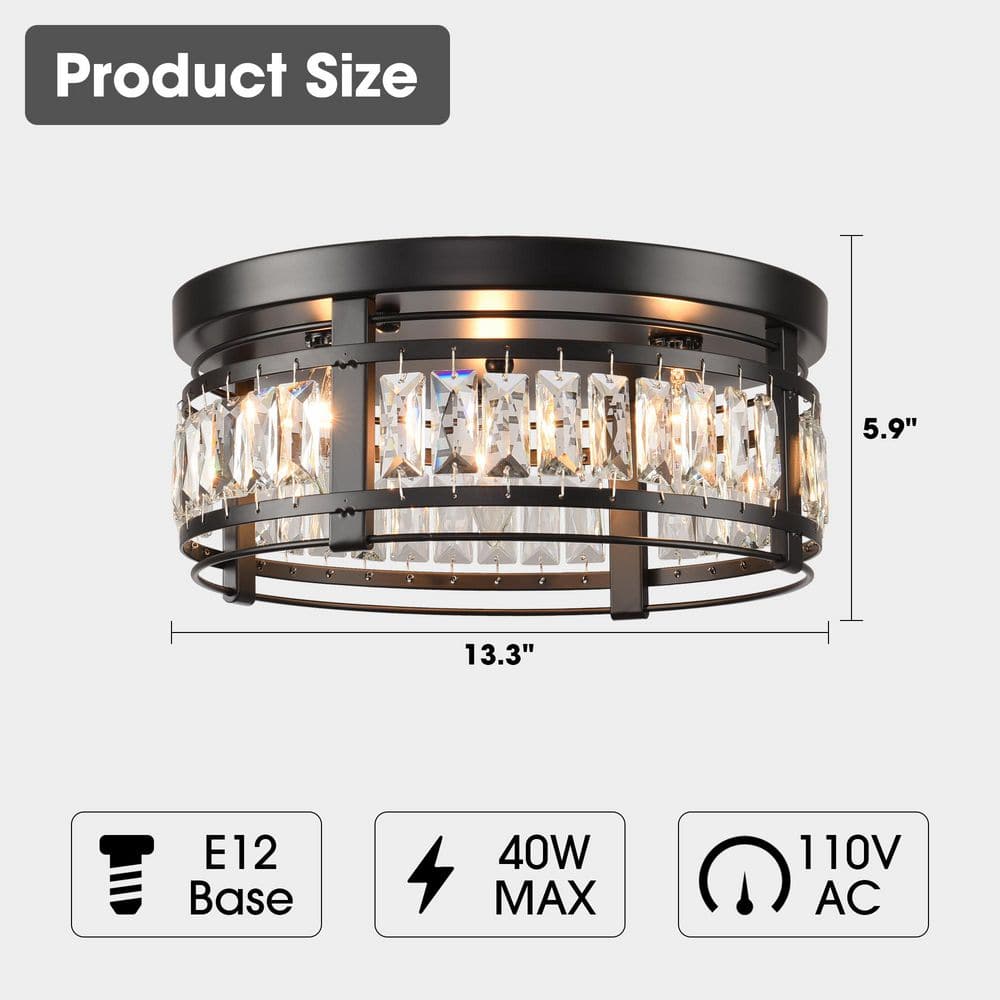 Matte Black Crystal Drum Flush Mount Ceiling Light