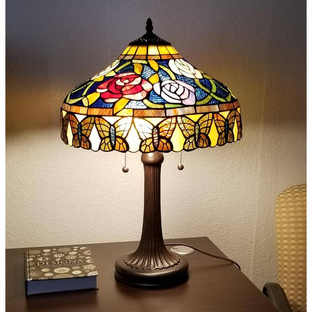 23" Bronze Stained Glass Floral Butterfly Table Lamp