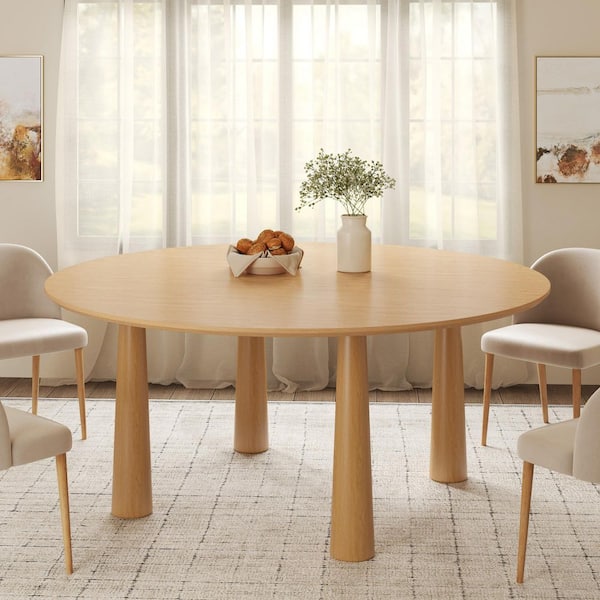 Lirago Round Light Brown Solid Wood 59 in. Kitchen Tables 4-Legs Dining Table Seats 8