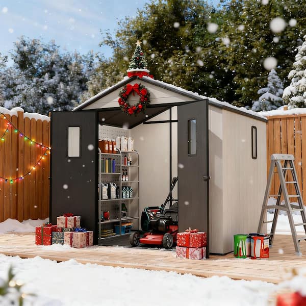 8x6ft Resin Outdoor Storage Shed, Heavy-Duty Garden Tool Shed with Windows and Lockable Doors