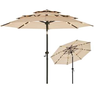 10 ft. 3 Tiers Steel and Aluminum Solar Led Market Patio Umbrella with Tilt and 32 LED Lights in Beige