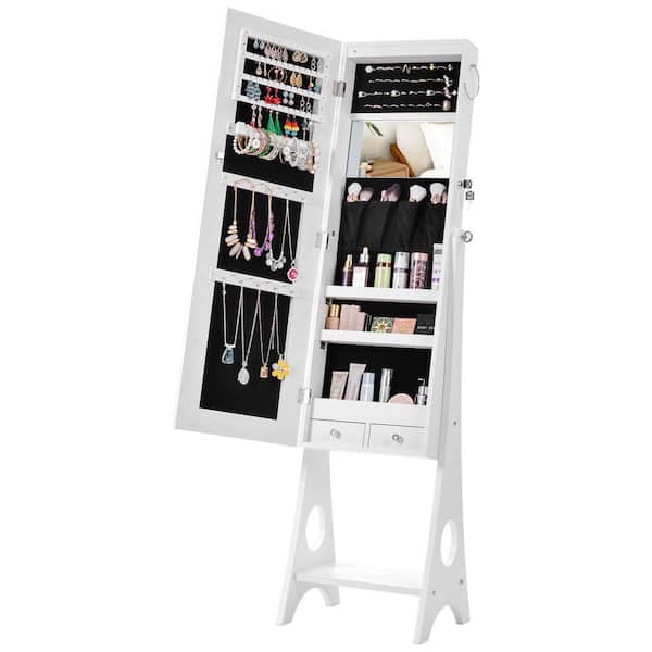 Costway White Wood LED Mirror Jewelry Cabinet Organizer 16 in. Jewelry  Armoire Standing with Built-in 3 Color Light JV11196US-WH - The Home Depot