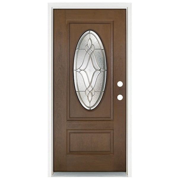 MP Doors 36 in. x 80 in. Medium Oak Left-Hand Inswing Distinction Oval Lite Prestige Stained Fiberglass Prehung Front Door