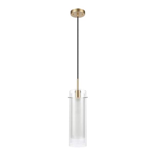 Globe Electric Sydney 1-Light Matte Brass Pendant Light with Clear Glass Outer Shade and Frosted Glass Insert