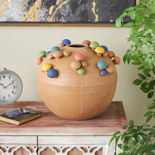 Litton Lane 12 in. Brown Round Wide Ceramic Mushroom Decorative Vase with Multicolor Accents and White Speckles