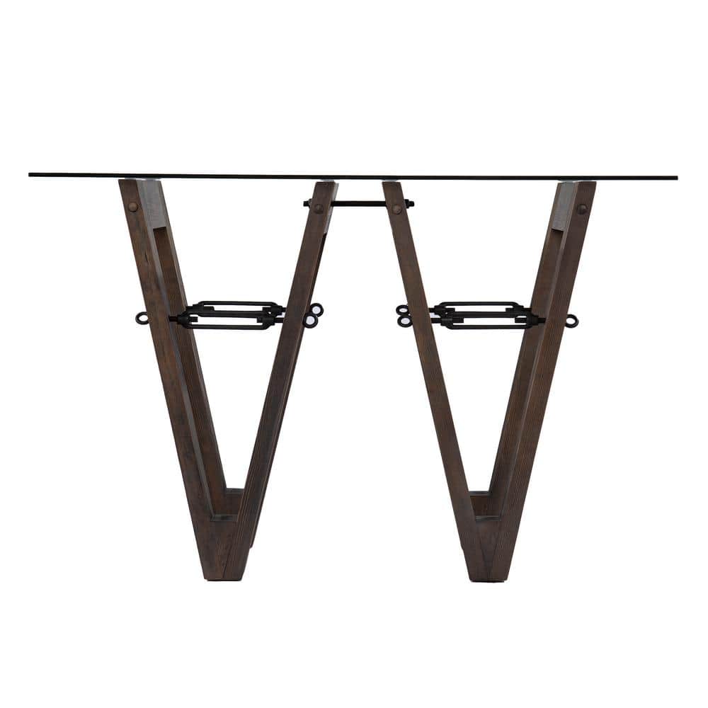 Brown Pine Wood Outdoor Side Table with Glass Tabletop, Reclaimed Console T