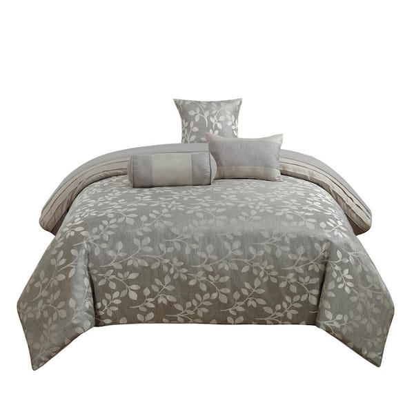 Benjara 7-Piece Gray Floral Microfiber Queen Comforter Set