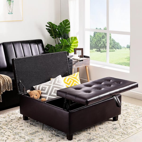 MAYKOOSH 35 in. Espresso Tufted Upholstered Lift-Top Ottoman Bench, Large Square Storage Coffee Table and Footrest Stool