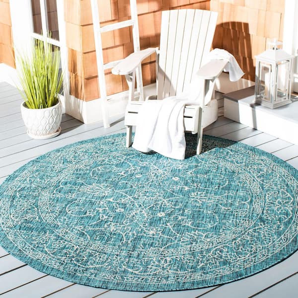 Courtyard Turquoise 7 ft. x 7 ft. Round Border Indoor/Outdoor Patio  Area Rug