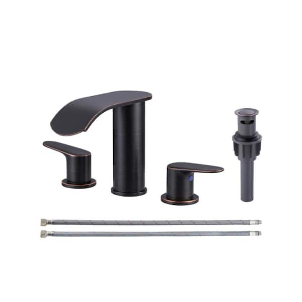 AVITAS 8 in. Widespread Modern Double Handle Waterfall Bathroom Faucet with Pop-up Drain and Supply Hoses in Oil Rubbed Bronze