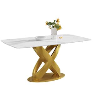 62.99 in. Modern Rectangular White Sintered Stone Dining Table with Golden Carbon Steel Legs