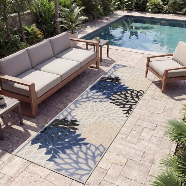 Aloha Blue/Multicolor 2 ft. x 12 ft. Kitchen Runner Floral Modern Indoor/Outdoor Patio Area Rug