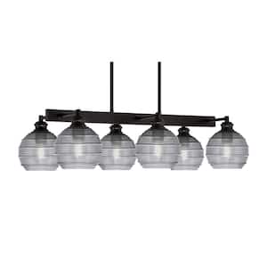 Albany 6 Light Espresso Downlight Chandelier, Linear Chandelier for the Kitchen with Smoke Ribbed Glass Shades
