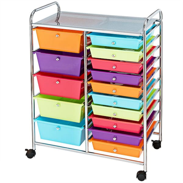 FORCLOVER 15-Drawer Steel 4-Wheeled Utility Rolling Cart Storage Organizer in Deep Multicolor