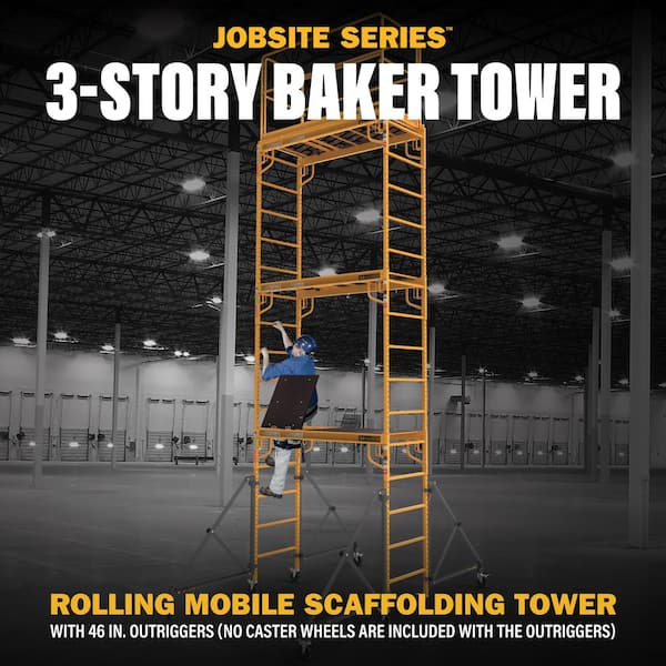 18 ft. Jobsite Series Mobile Baker 3-Story Rolling Scaffolding Tower w/ Platform Outriggers Guard Rail, 6 X 10 X 20 ft.