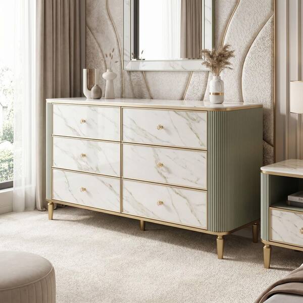 Homsee Champagne 6-Drawer 55.4 in. Wide Dresser without Mirror with Vanity Table, Sideboards, Kitchen Island, Chest of Drawer ZN-HS690042-01