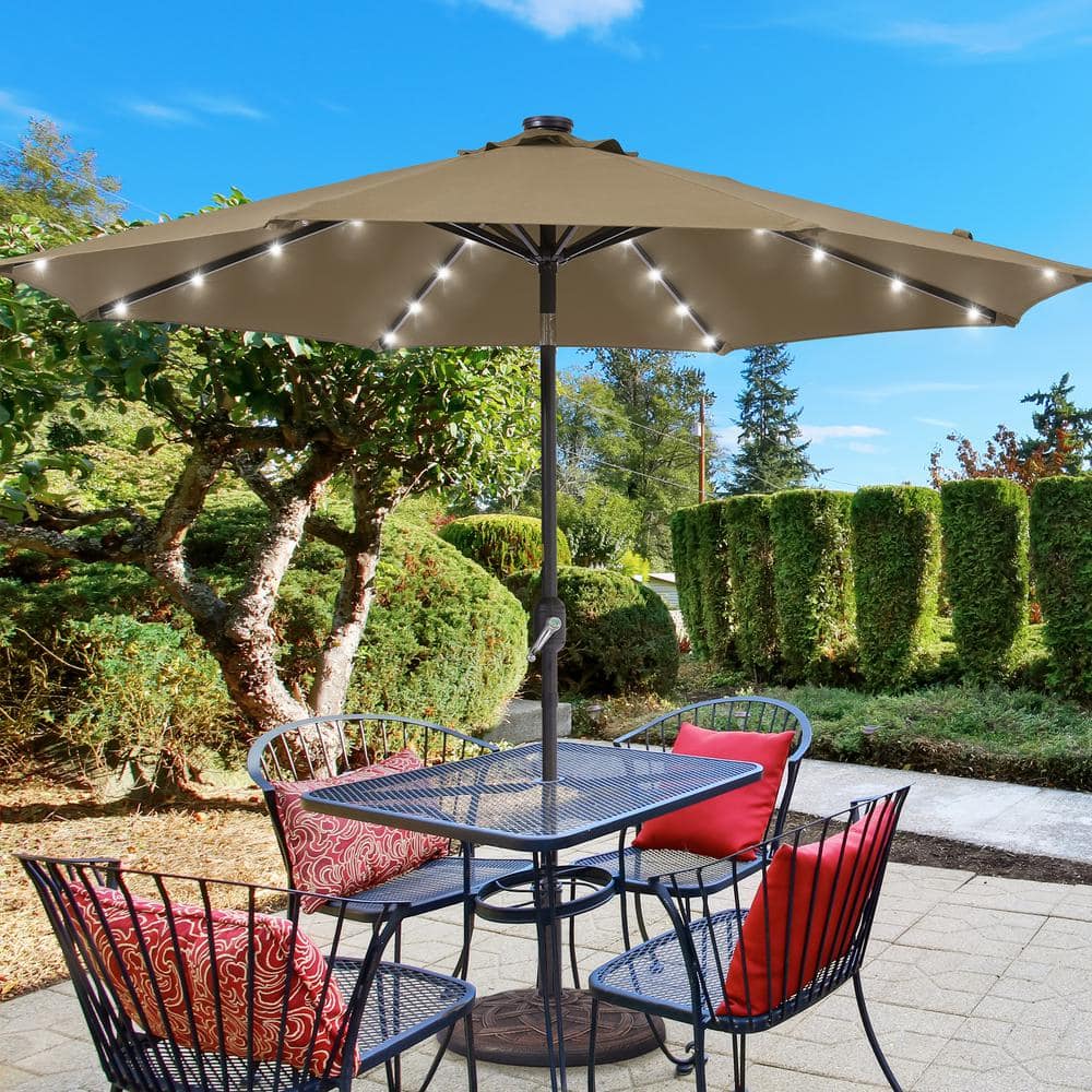 JOYESERY 9 ft. Solar LED Market Patio Umbrellas with Solar Lights and Tilt Button in Taupe J-UM-098K-LED