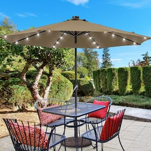 9 ft. Solar LED Market Patio Umbrellas with Solar Lights and Tilt Button in Taupe