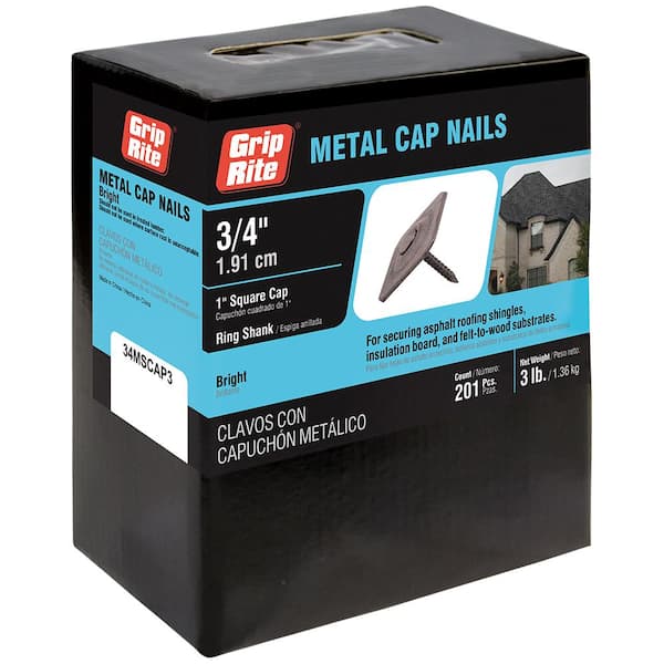 Grip-Rite 3/4 in. x 12-Gauge Bright Steel Smooth Shank Metal Square Cap Roofing Nails 3 lb. Box