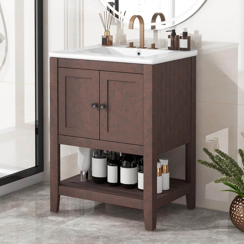 24 in.Single Sink Brown Freestanding Bathroom Vanity,White Ceramic Top,2 Soft-Close Doors,Open Shelf price history on PriceWatchPro